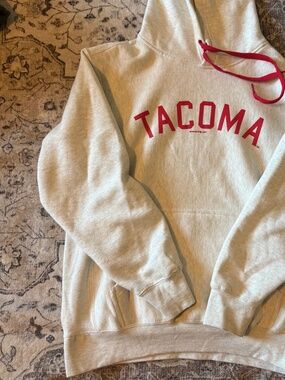 TACOMA red and white drawstring hoodie with cute fish logo size M